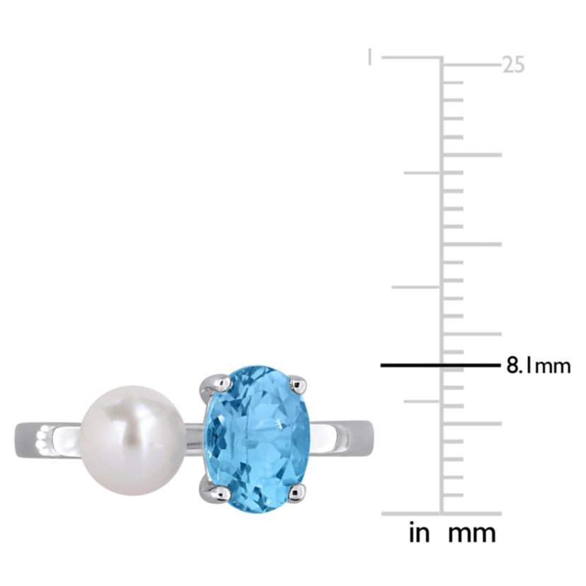 Sky Blue Topaz & 5.5-6MM Freshwater Cultured Pearl Bypass Ring in Sterling Silver