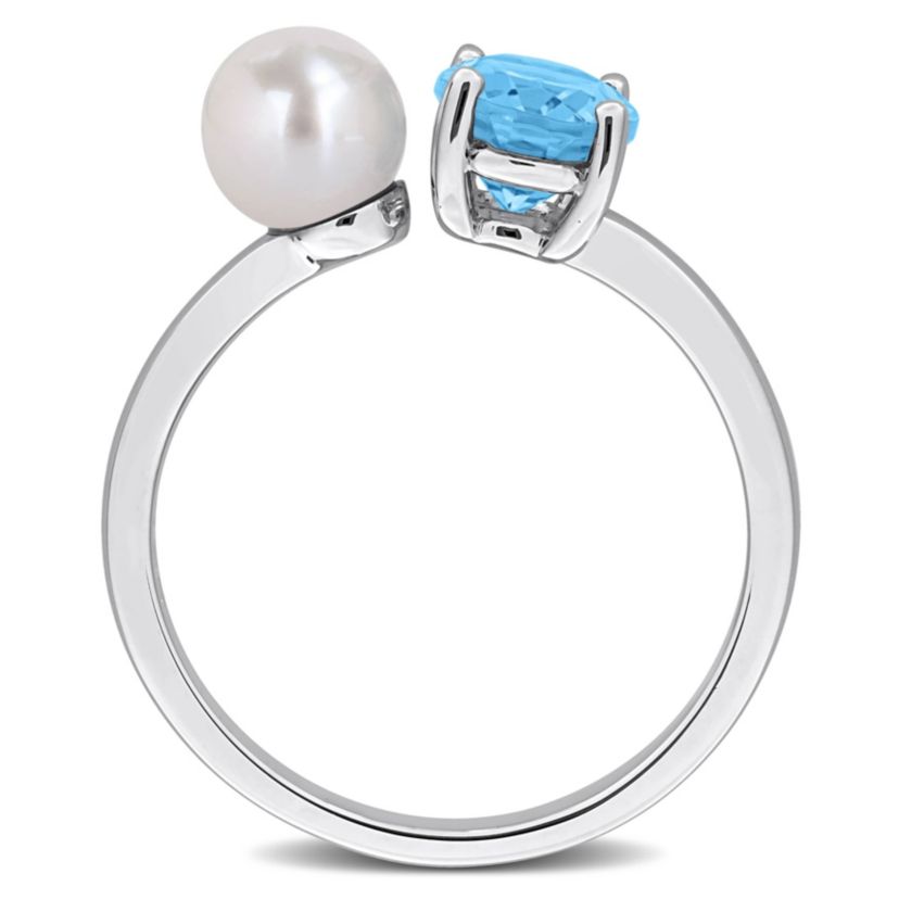 Sky Blue Topaz & 5.5-6MM Freshwater Cultured Pearl Bypass Ring in Sterling Silver