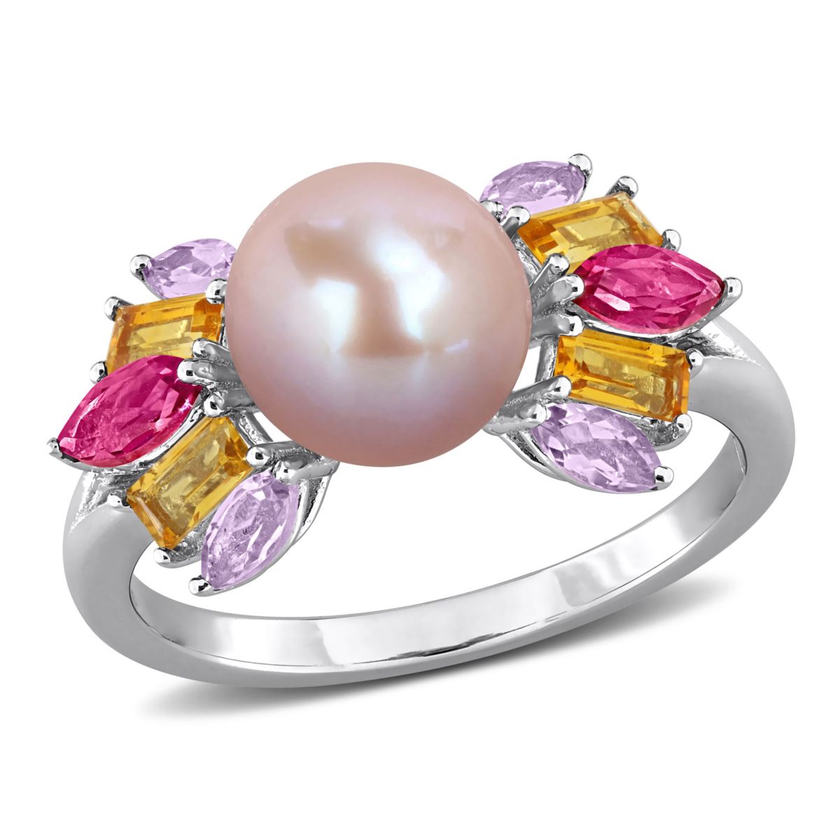 Pink Topaz, Citrine, Rose de France & 7.5-8MM Pink Freshwater Cultured Pearl Ring in Sterling Silver