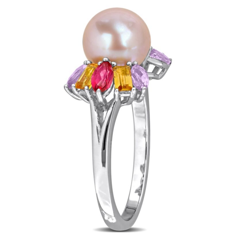 Pink Topaz, Citrine, Rose de France & 7.5-8MM Pink Freshwater Cultured Pearl Ring in Sterling Silver