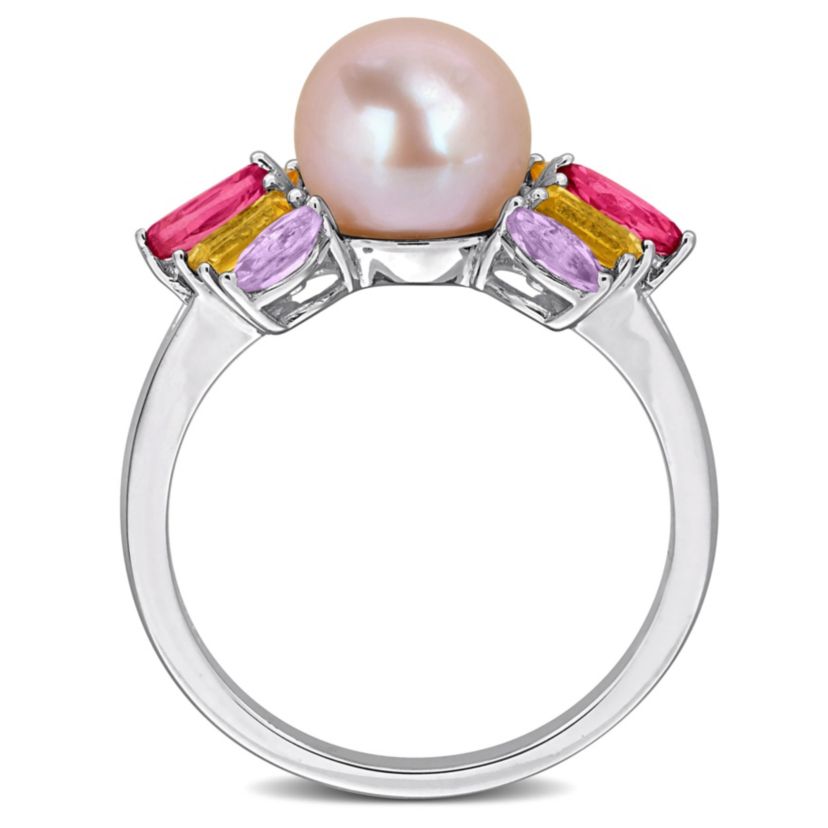 Pink Topaz, Citrine, Rose de France & 7.5-8MM Pink Freshwater Cultured Pearl Ring in Sterling Silver