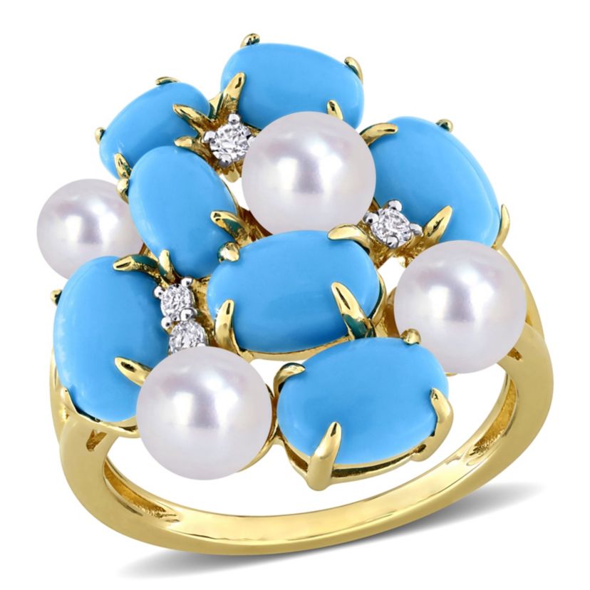 Lab Created Created Turquoise, Created White Sapphire & Freshwater Cultured Pearl Ring in Yellow Plated Sterling Silver