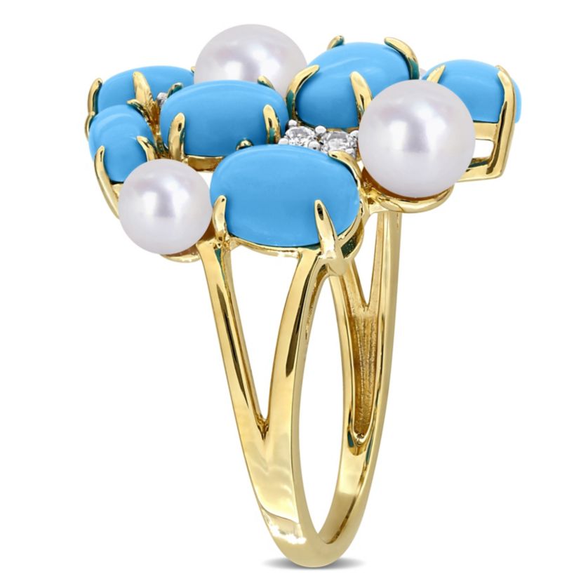 Lab Created Created Turquoise, Created White Sapphire & Freshwater Cultured Pearl Ring in Yellow Plated Sterling Silver
