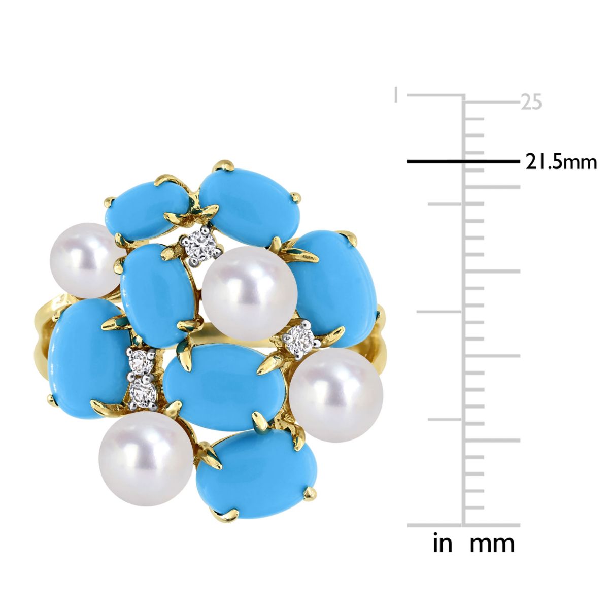 Lab Created Created Turquoise, Created White Sapphire & Freshwater Cultured Pearl Ring in Yellow Plated Sterling Silver