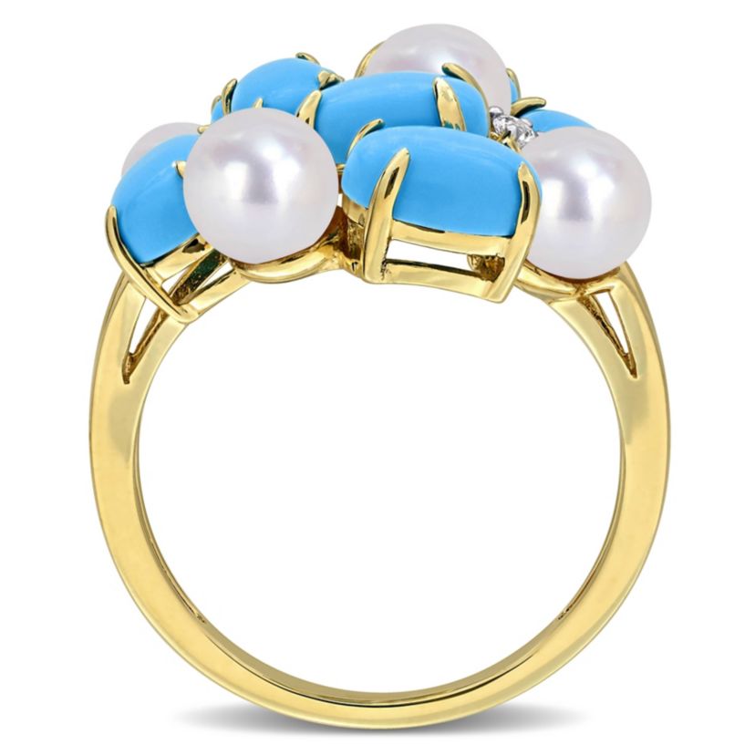 Lab Created Created Turquoise, Created White Sapphire & Freshwater Cultured Pearl Ring in Yellow Plated Sterling Silver