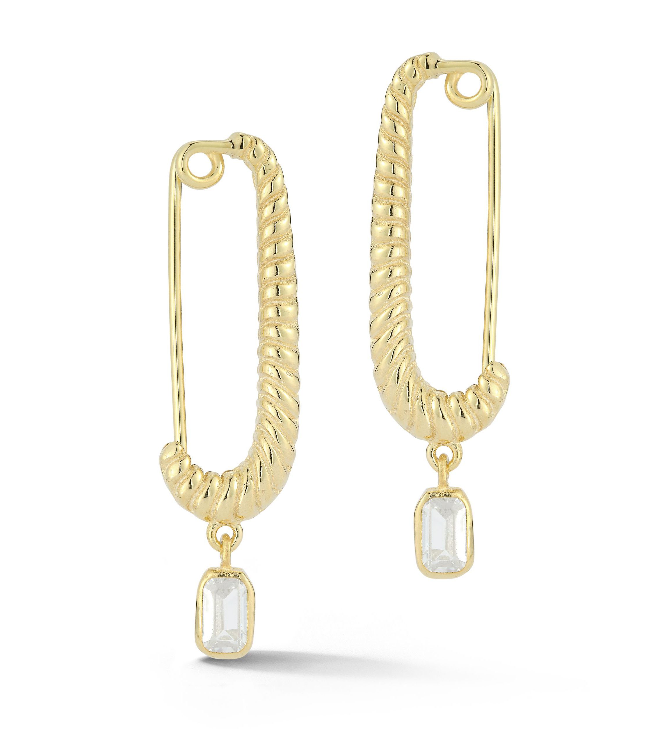 Sterling Silver Safety Pin Cubic Zirconia Charm Hoop Earrings