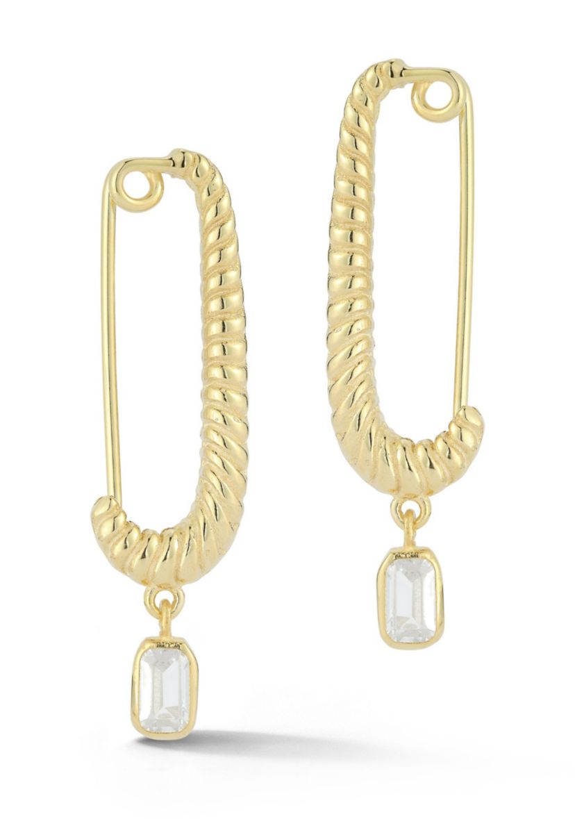 Sterling Silver Safety Pin Cubic Zirconia Charm Hoop Earrings