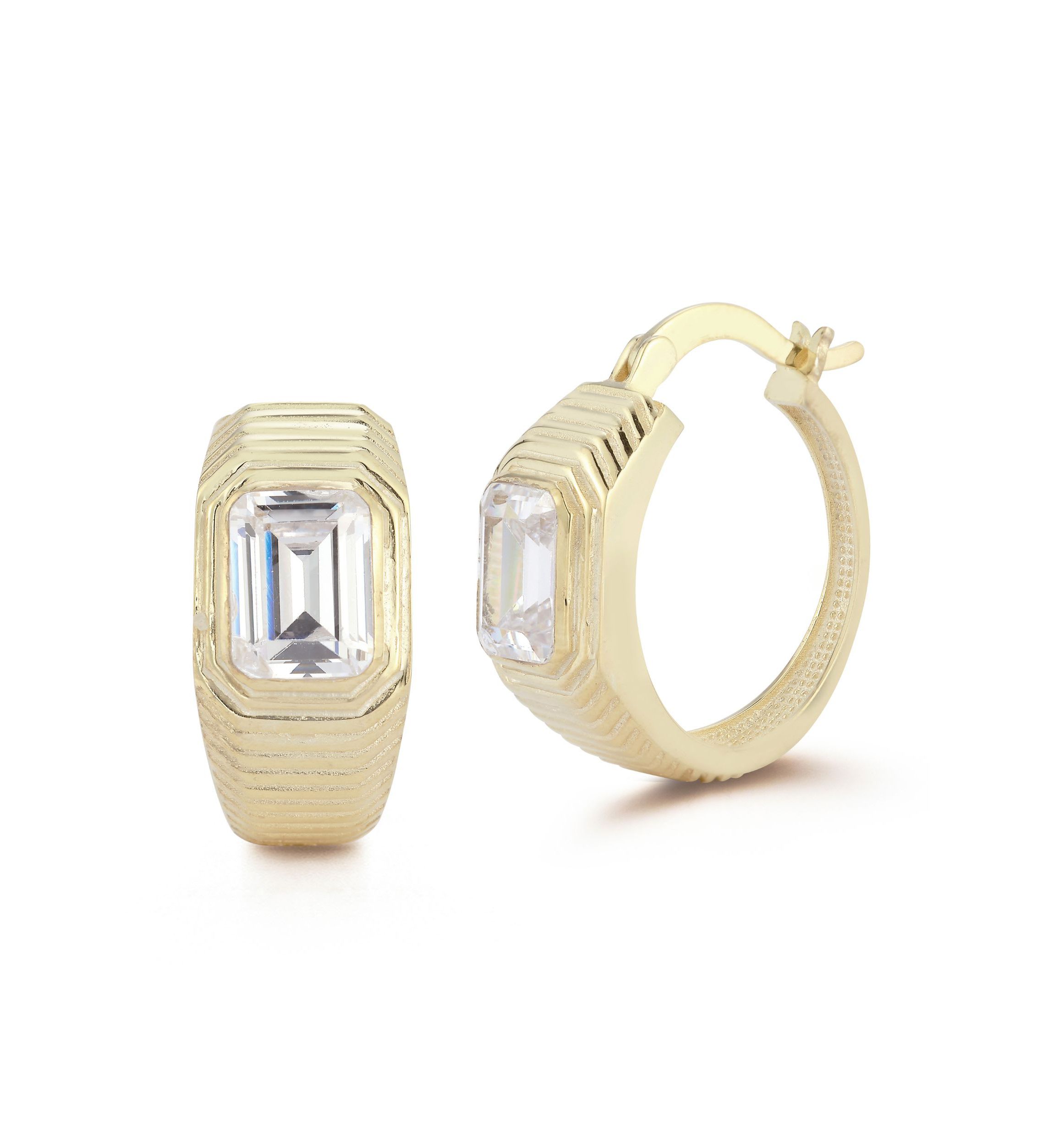 Sterling Silver Emerald Cut Cubic Zirconia Chunky Hoop Earrings