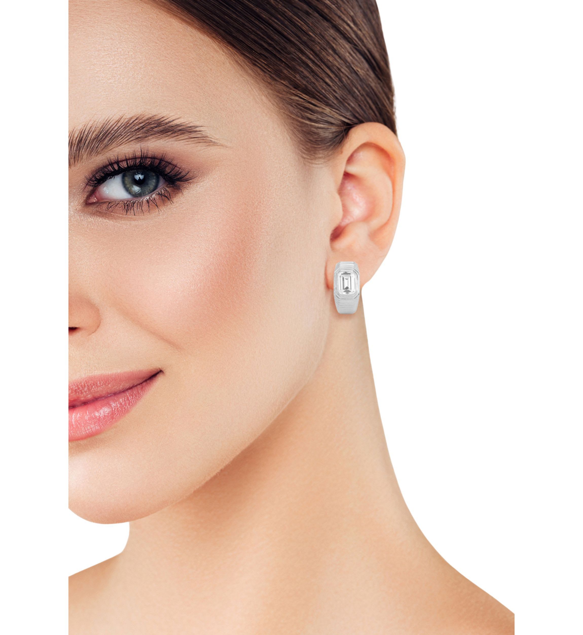 Sterling Silver Emerald Cut Cubic Zirconia Chunky Hoop Earrings