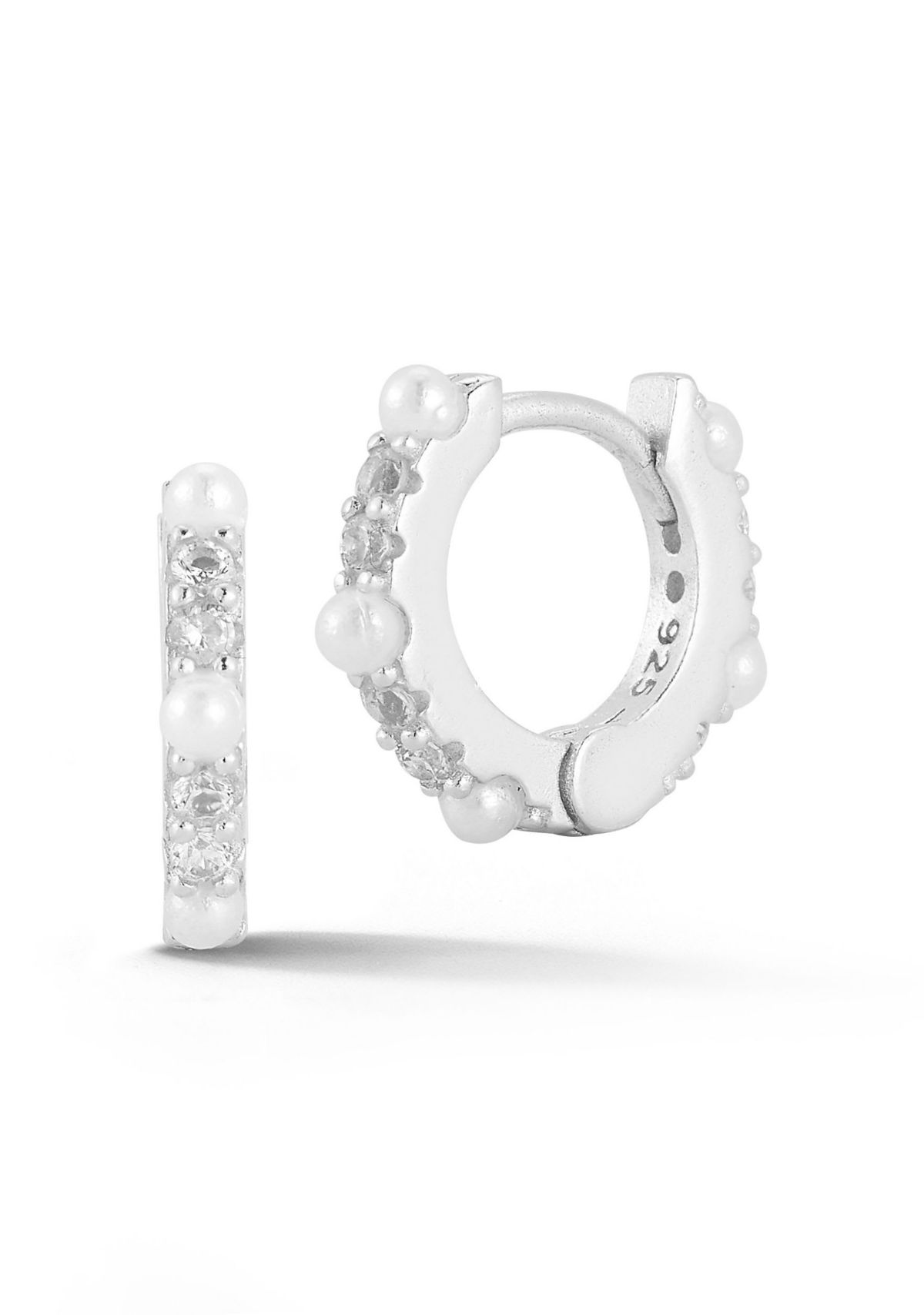 Sterling Silver Cubic Zirconia And Pearl Huggie Hoop Earrings