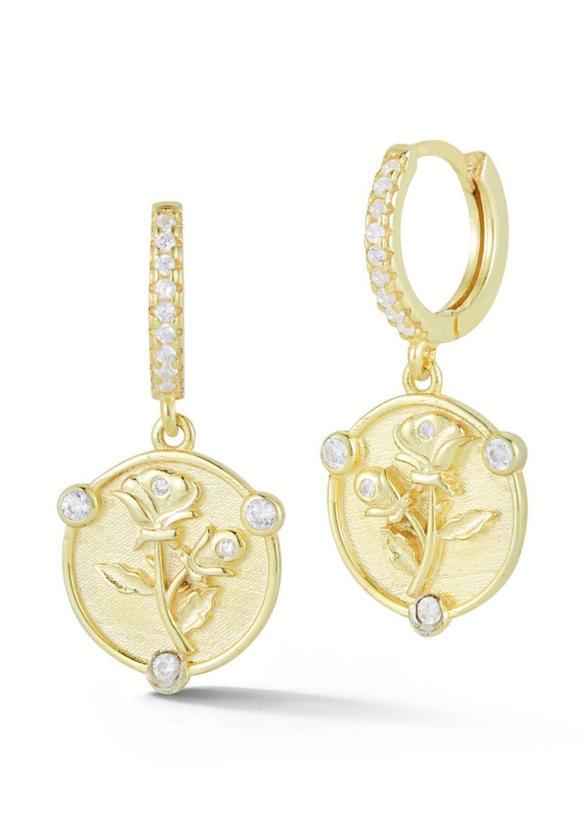 Sterling Silver Cubic Zirconia Rose Charm Huggie Hoop Earrings