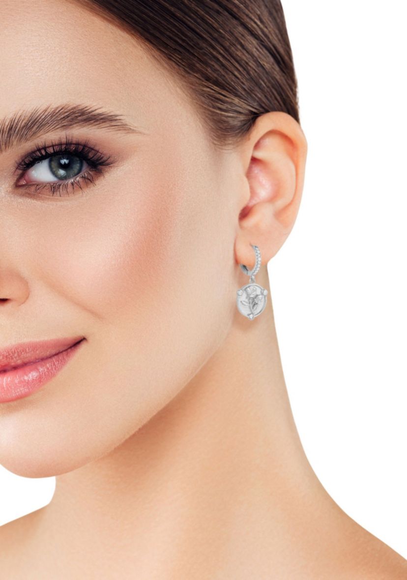 Sterling Silver Cubic Zirconia Rose Charm Huggie Hoop Earrings