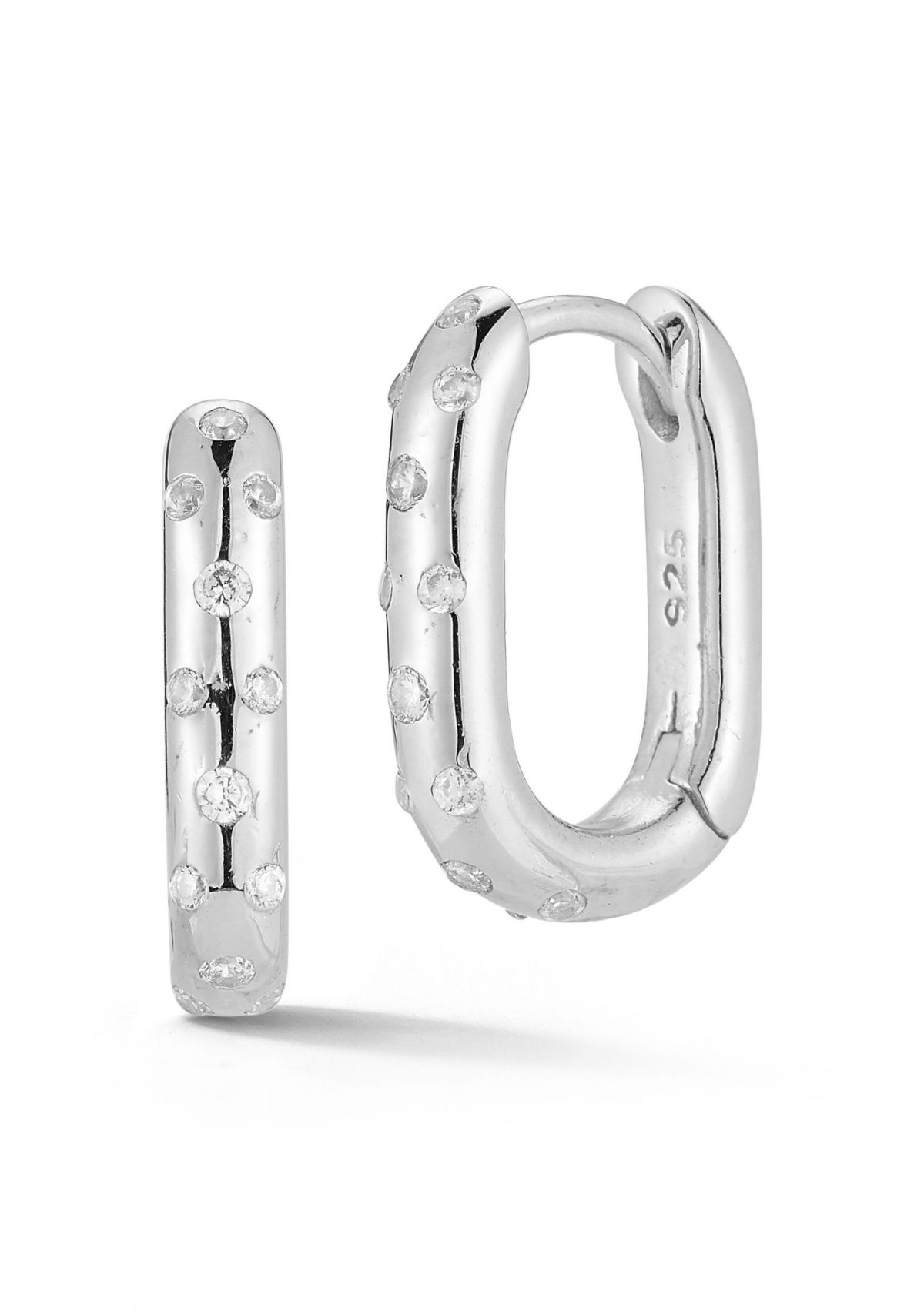 Sterling Silver Cubic Zirconia Dotted Oval Huggie Hoop Earrings