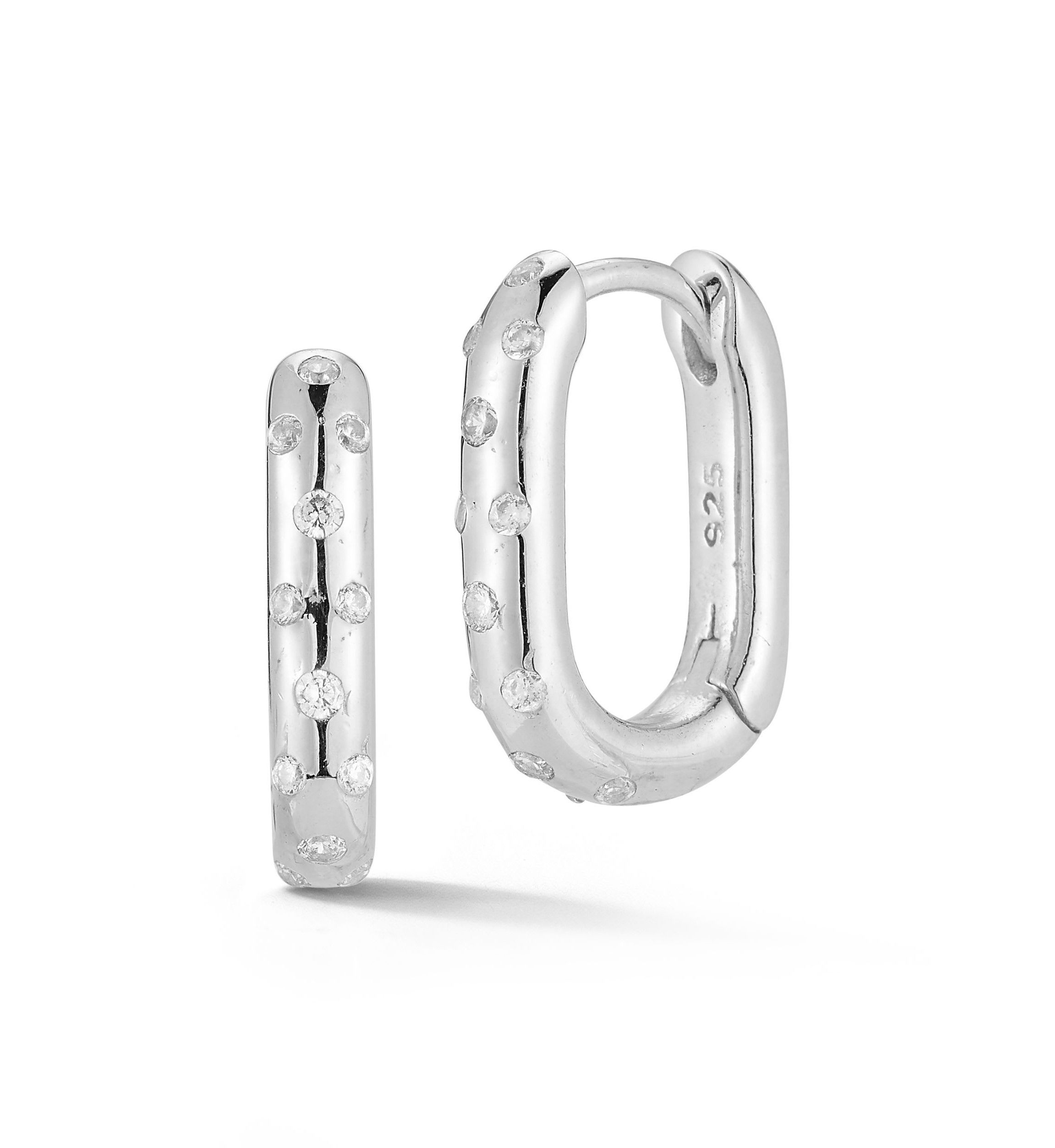 Sterling Silver Cubic Zirconia Dotted Oval Huggie Hoop Earrings