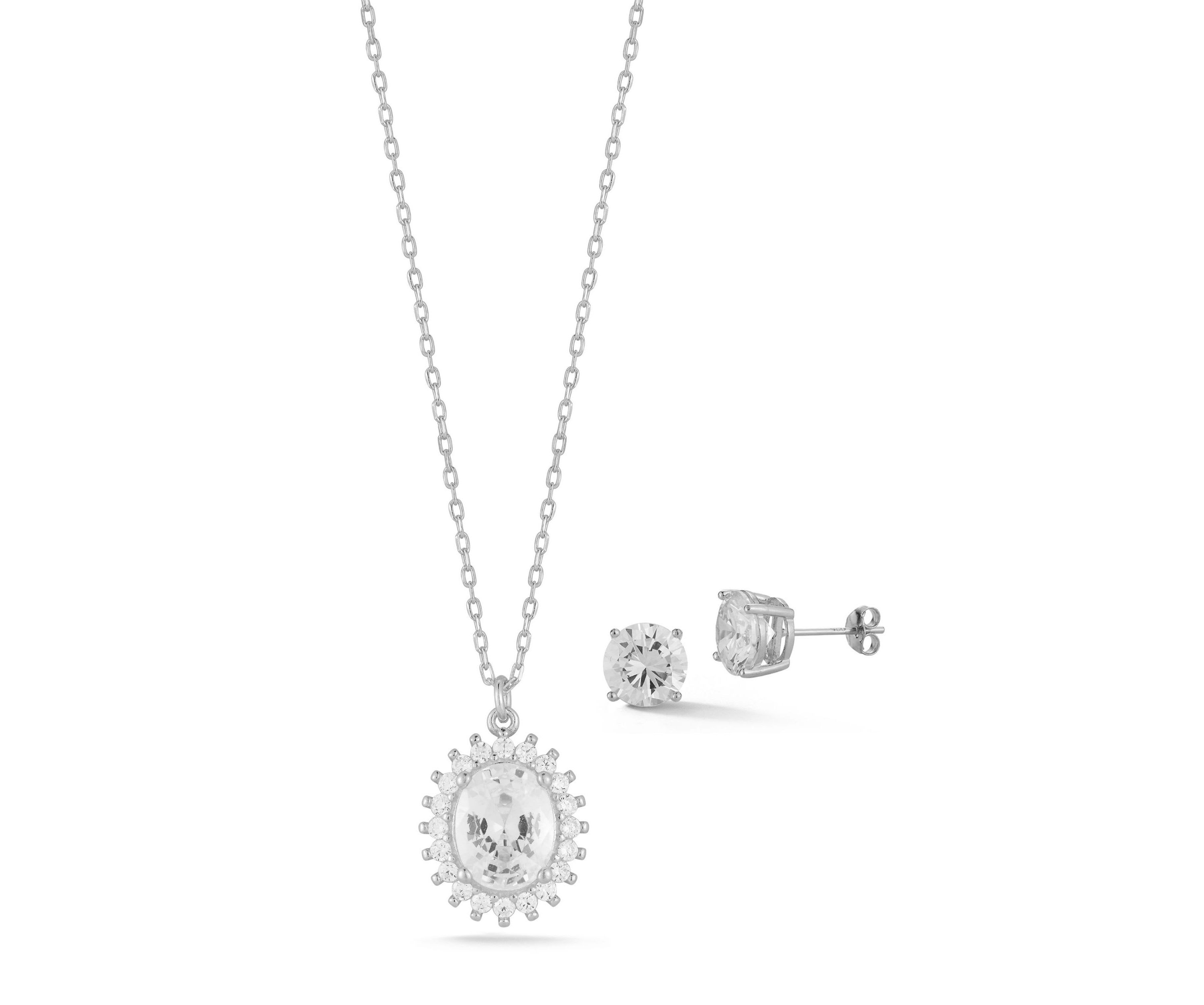 Sterling Silver Cubic Zirconia Halo Pendant Necklace and Stud Earrings Set