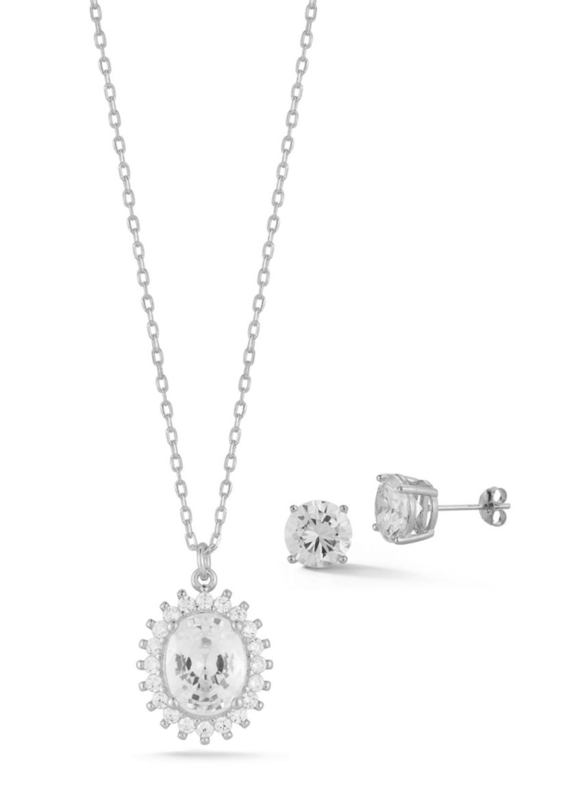 Sterling Silver Cubic Zirconia Halo Pendant Necklace and Stud Earrings Set