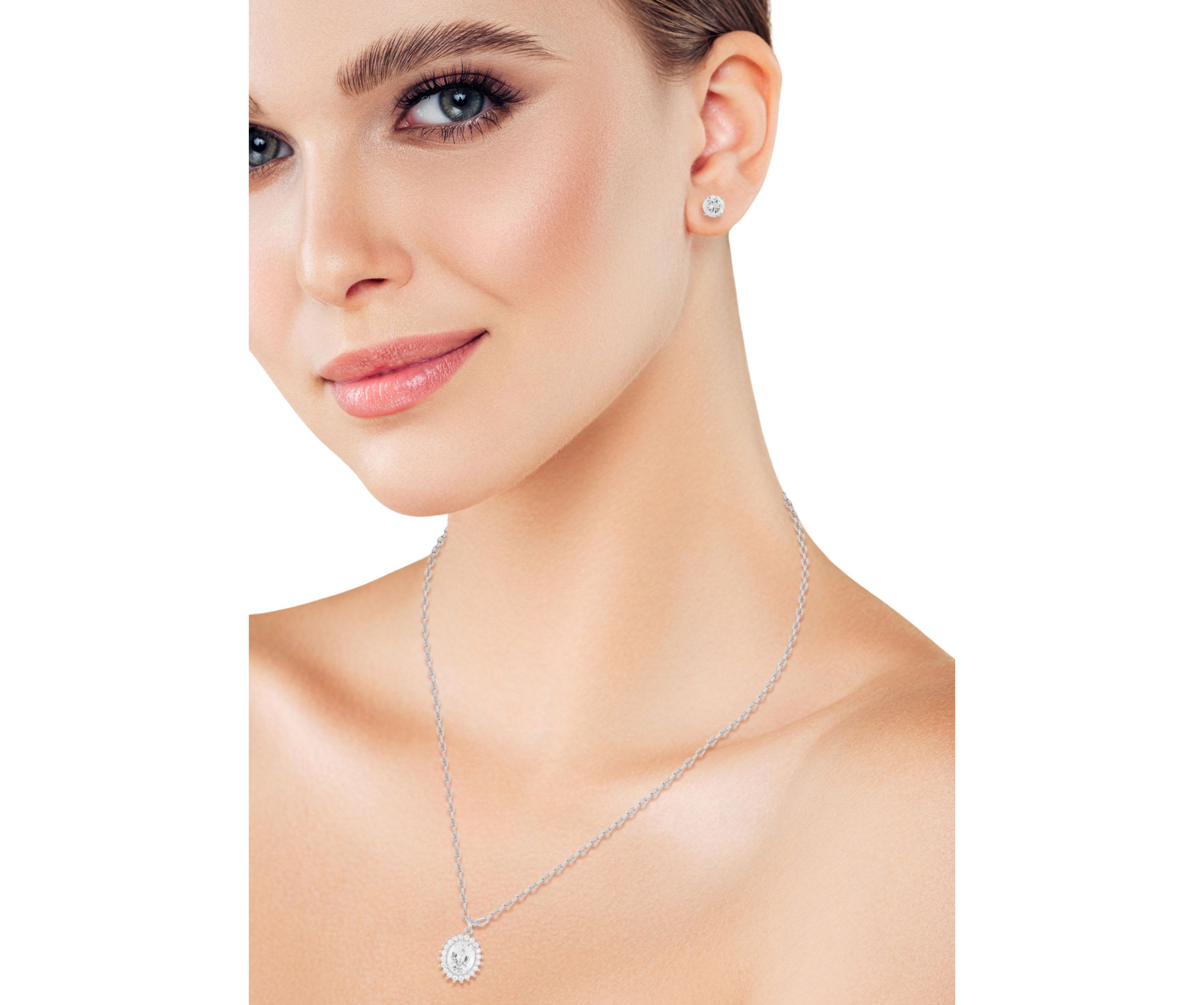 Sterling Silver Cubic Zirconia Halo Pendant Necklace and Stud Earrings Set