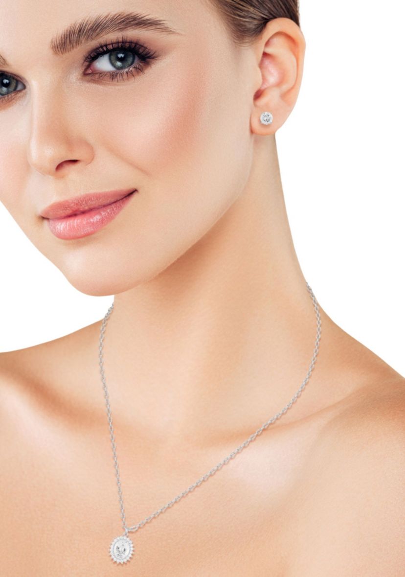 Sterling Silver Cubic Zirconia Halo Pendant Necklace and Stud Earrings Set
