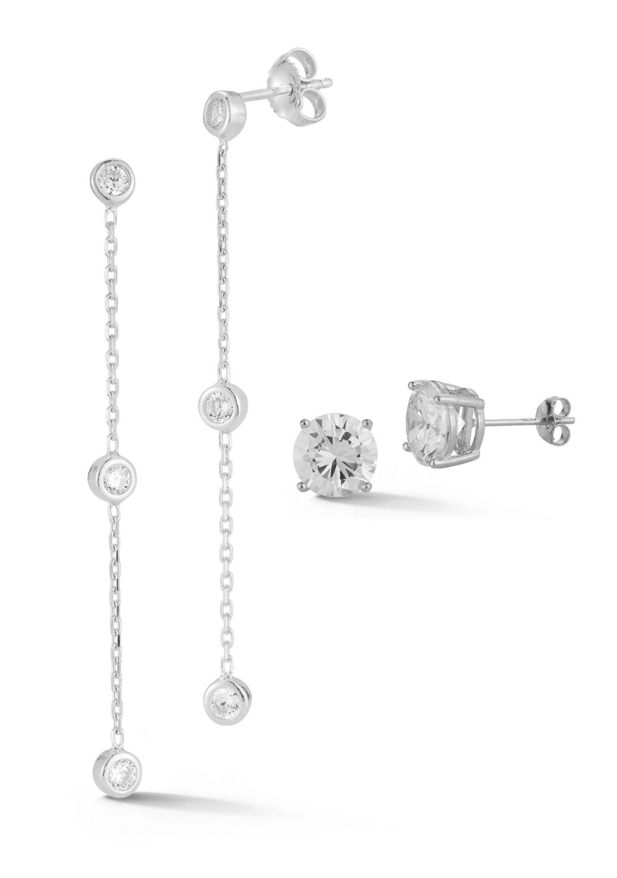 Sterling Silver Cubic Zirconia Bezel Drop and Stud Earrings 2 Pair Set