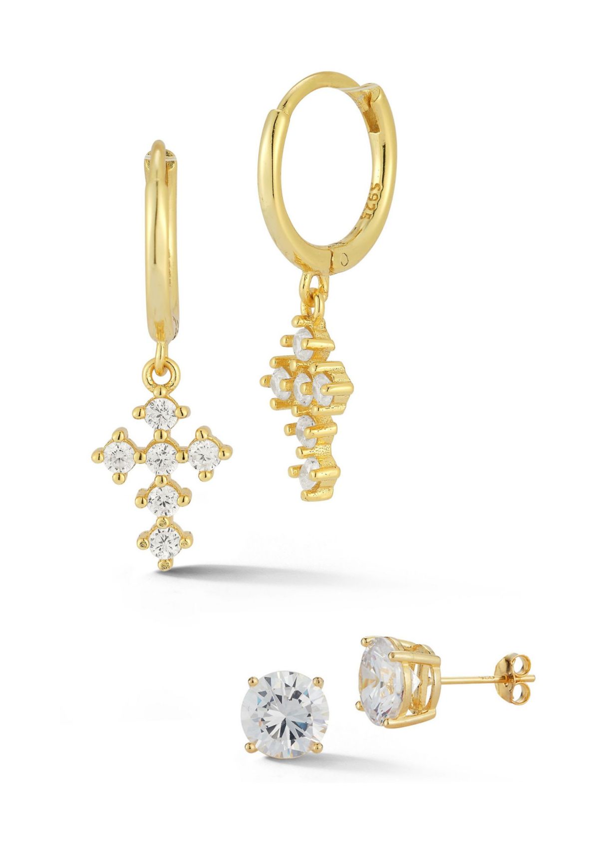 Sterling Silver Cubic Zirconia Cross Charm Huggie Hoop Earrings and Studs 2 Pair Set