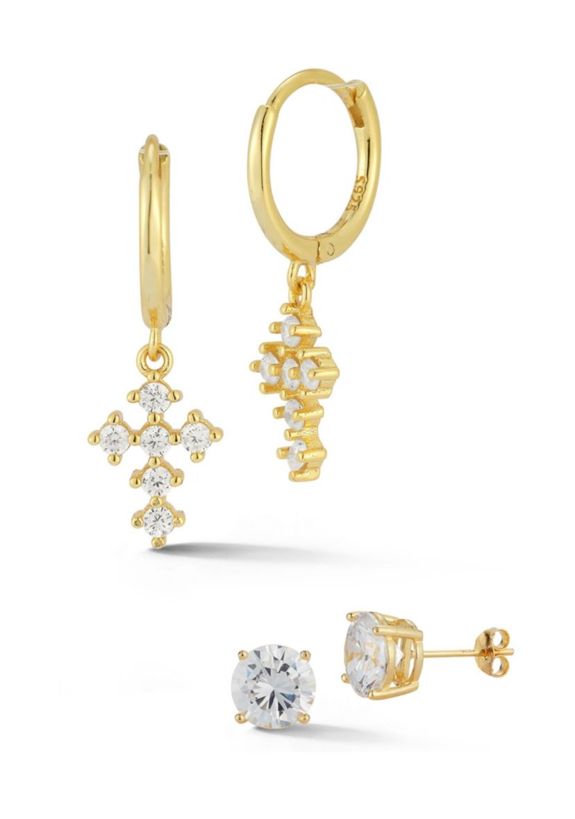 Sterling Silver Cubic Zirconia Cross Charm Huggie Hoop Earrings and Studs 2 Pair Set