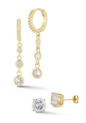 Sphera Milano Sterling Silver Cubic Zirconia Bezel Drop Huggie Hoop Earrings and Studs 2 Pair Set