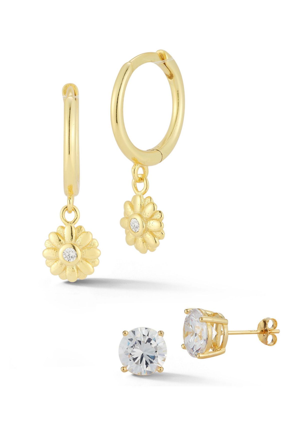 Sterling Silver Cubic Zirconia Flower Charm Huggie Hoop Earrings and Studs 2 Pair Set