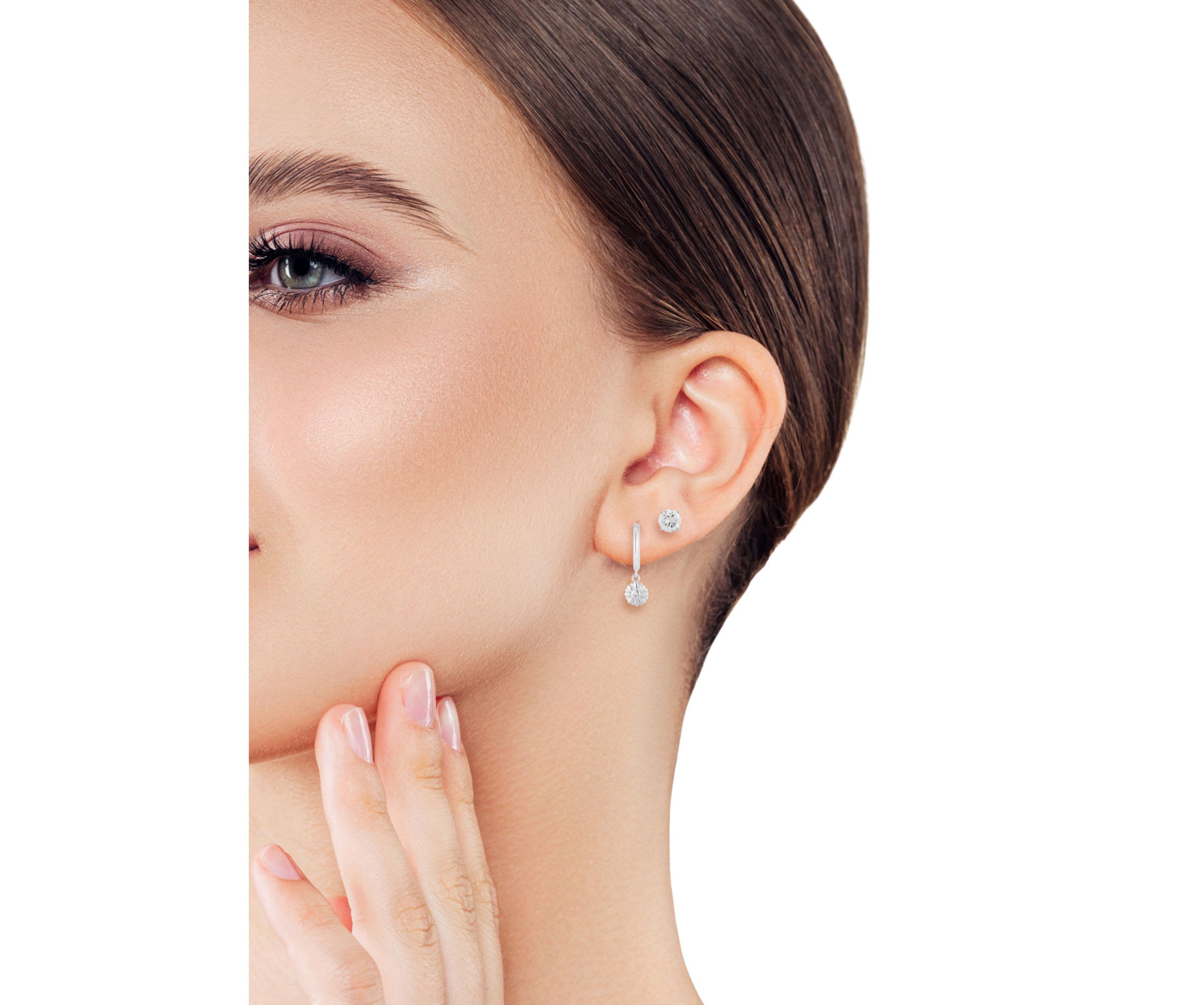 Sterling Silver Cubic Zirconia Flower Charm Huggie Hoop Earrings and Studs 2 Pair Set
