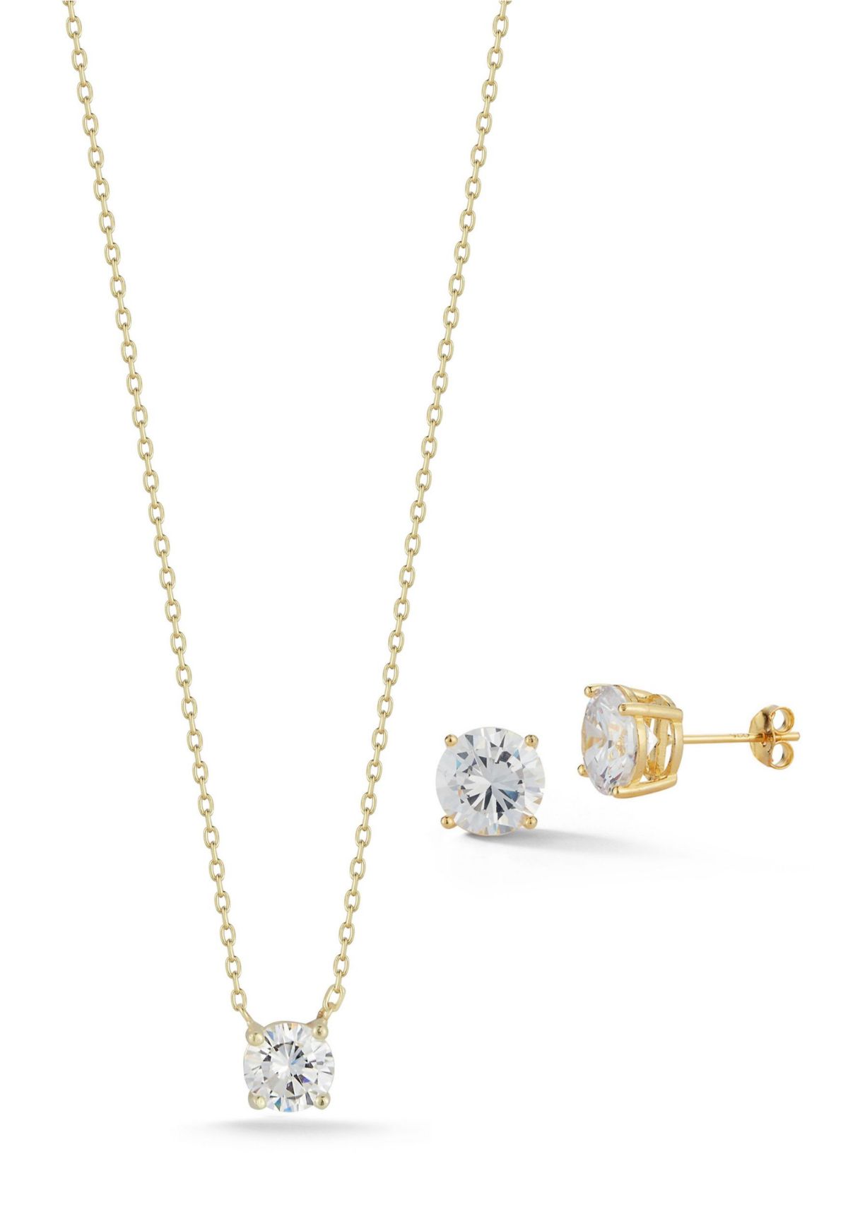 Sterling Silver Cubic Zirconia Solitaire Necklace and Studs Set