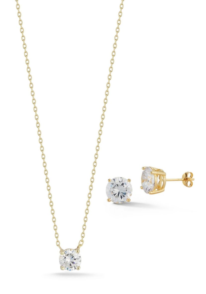 Sterling Silver Cubic Zirconia Solitaire Necklace and Studs Set
