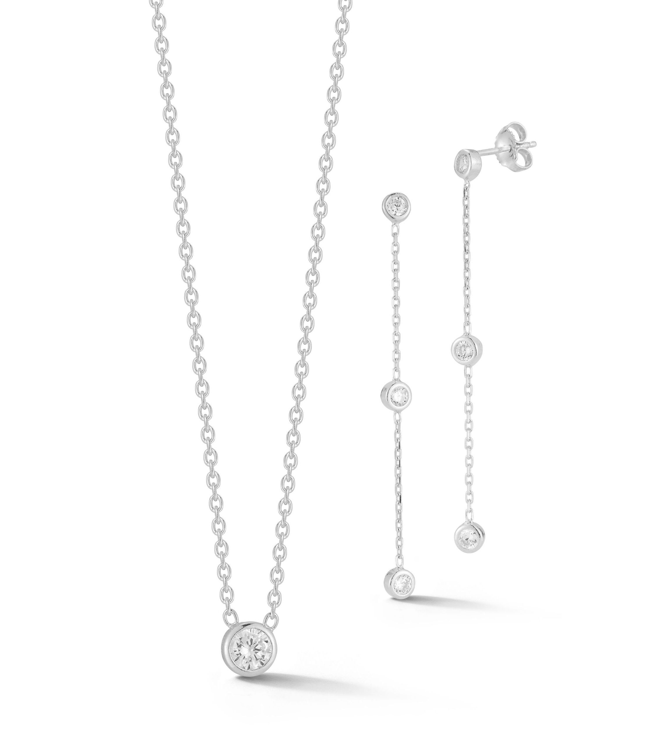 Sterling Silver Cubic Zirconia Bezel Necklace and Drop Earrings Set