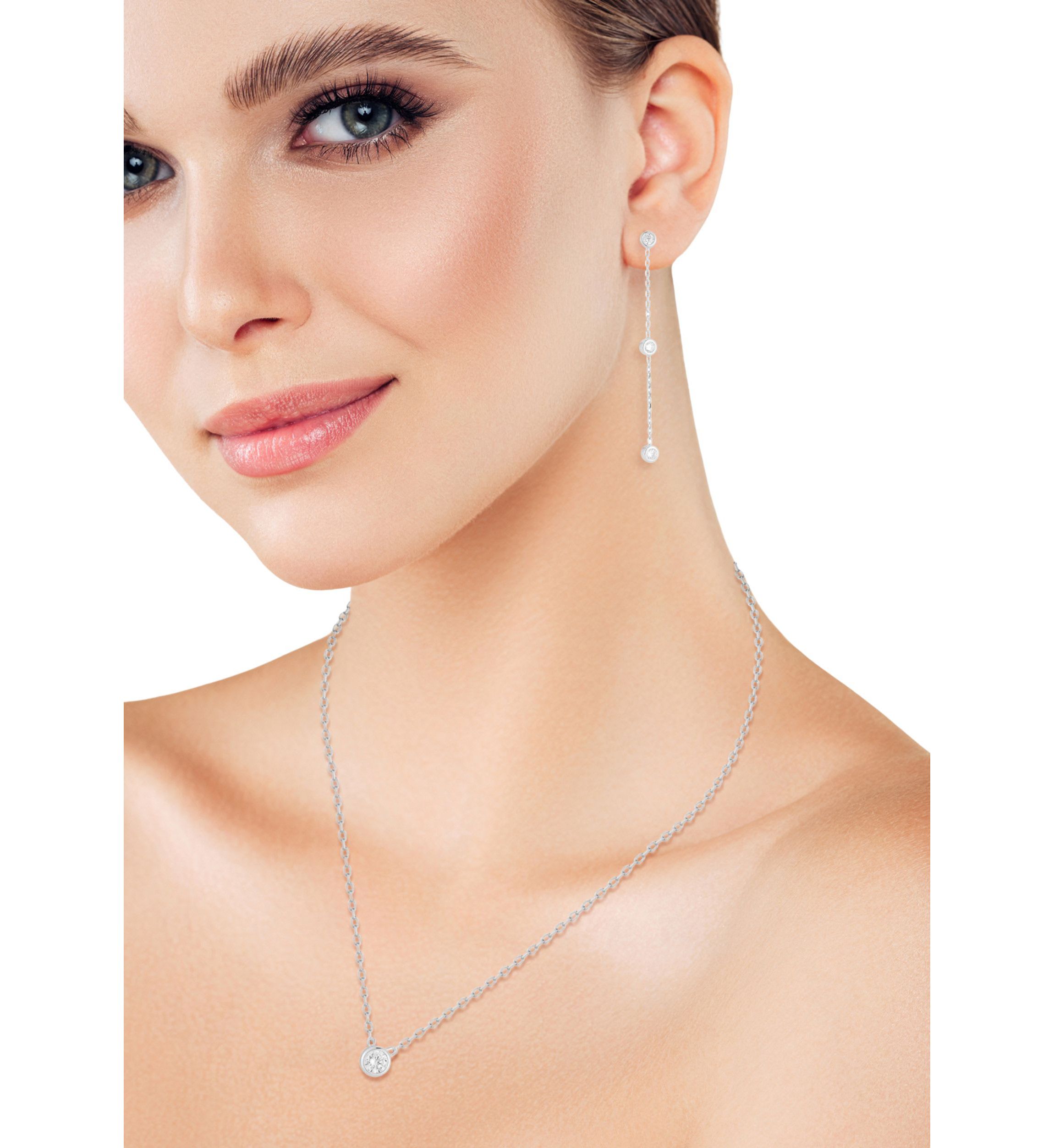Sterling Silver Cubic Zirconia Bezel Necklace and Drop Earrings Set