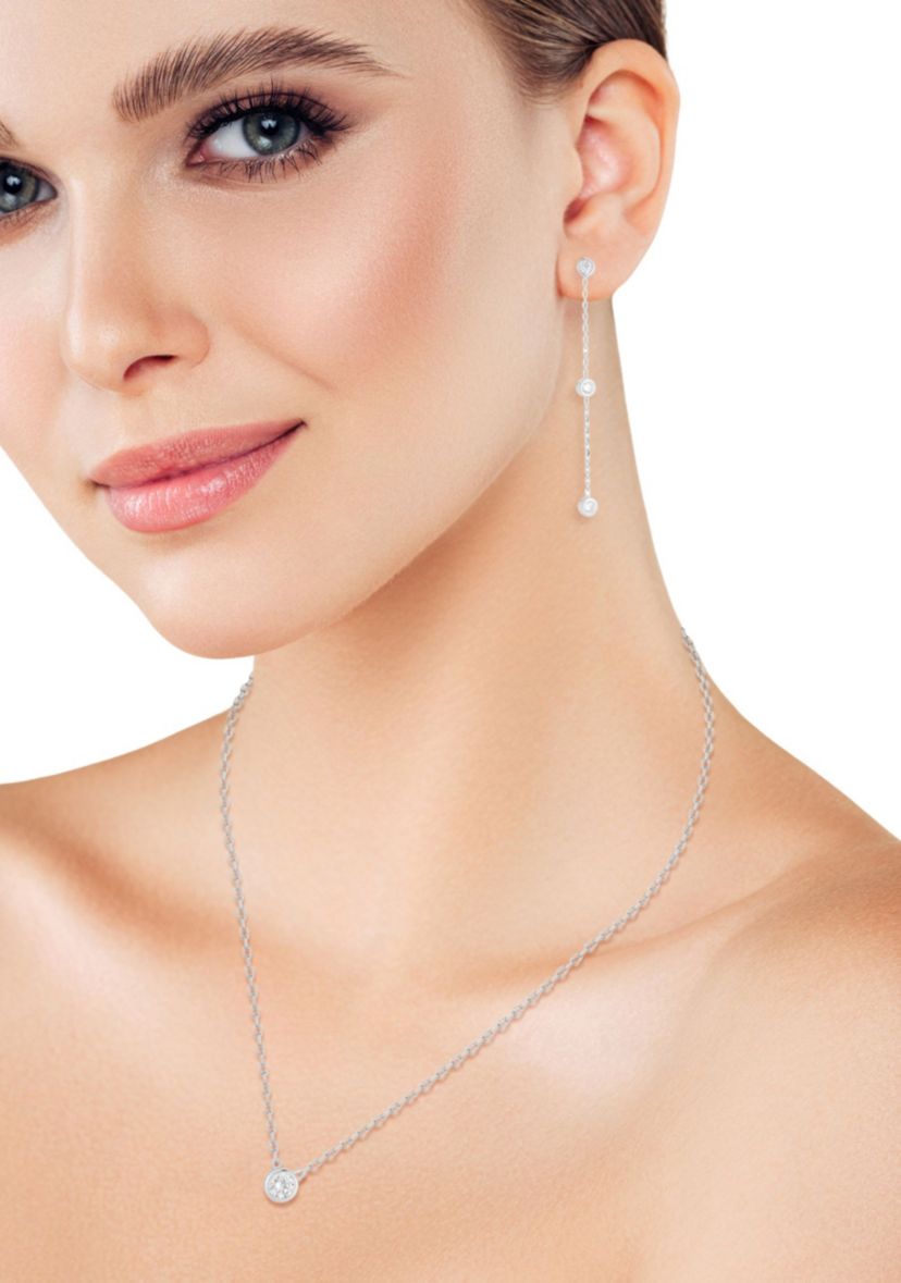 Sterling Silver Cubic Zirconia Bezel Necklace and Drop Earrings Set