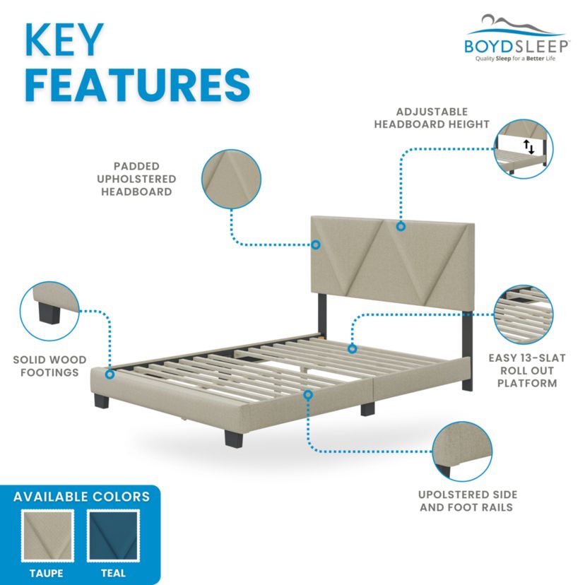 Boyd Sleep Calais Upholstered Platform Bed with Headboard, Mattress Foundation with Strong 14 Wood Slat Supports, No Box Spring Required