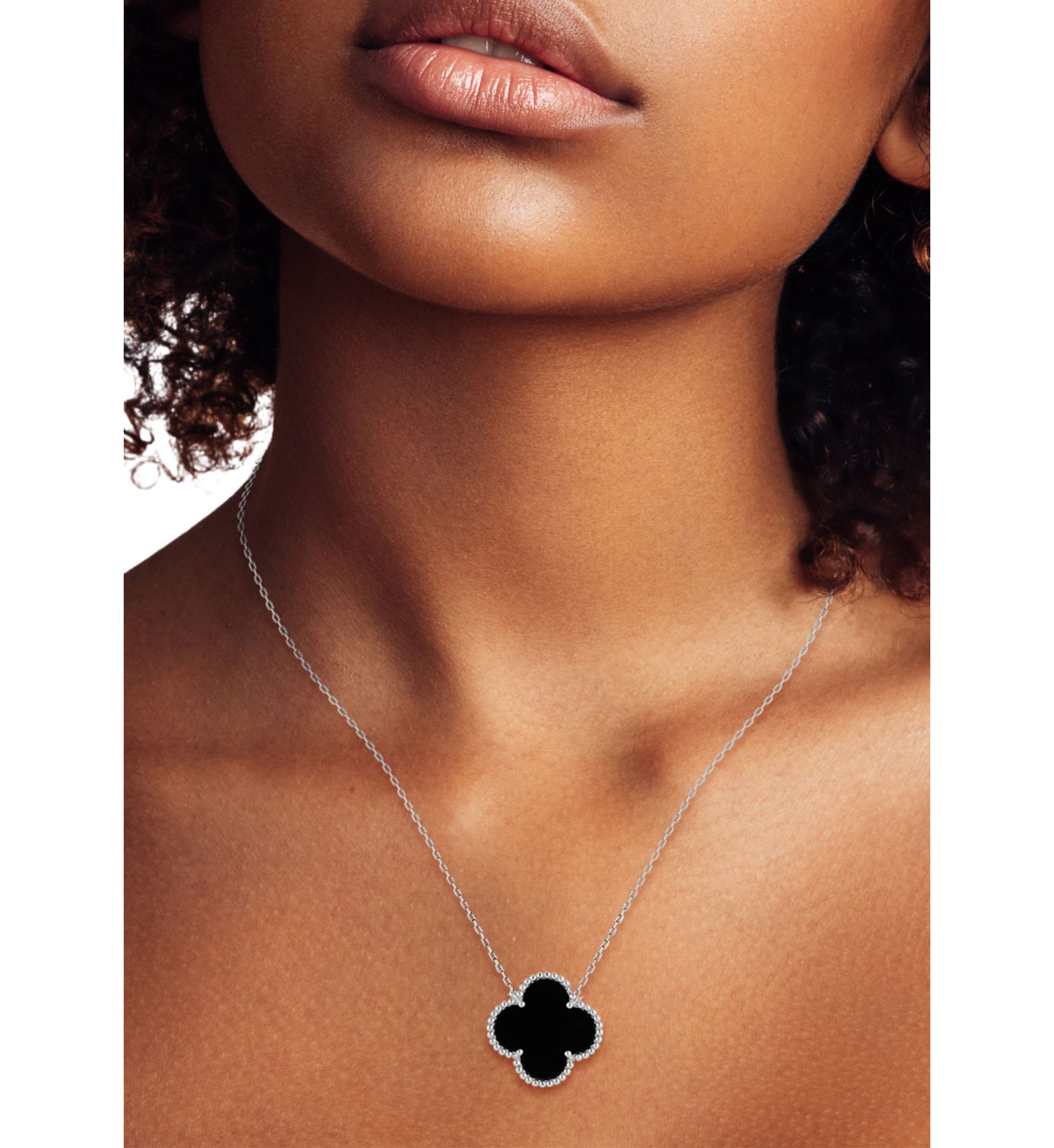Sterling Silver Black Agate Clover Pendant Necklace
