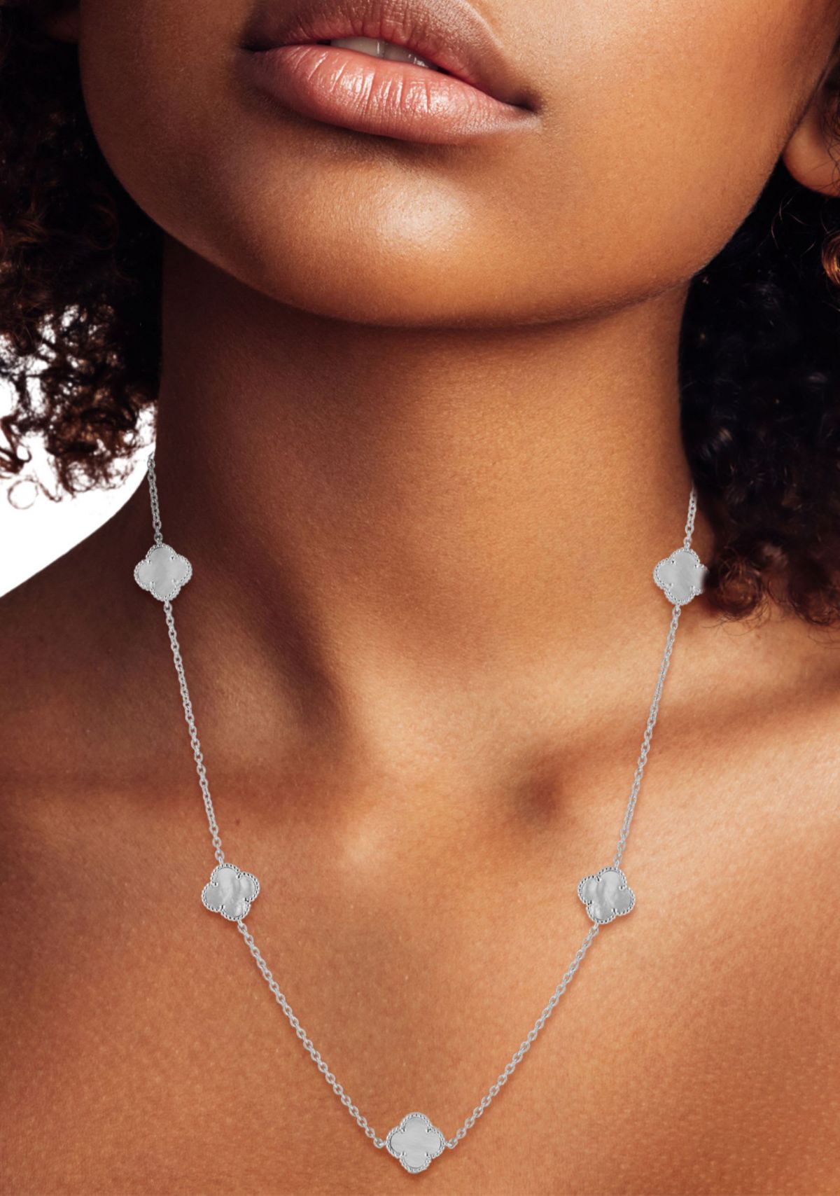 Sterling Silver Mother of Pearl Clover Station Necklace