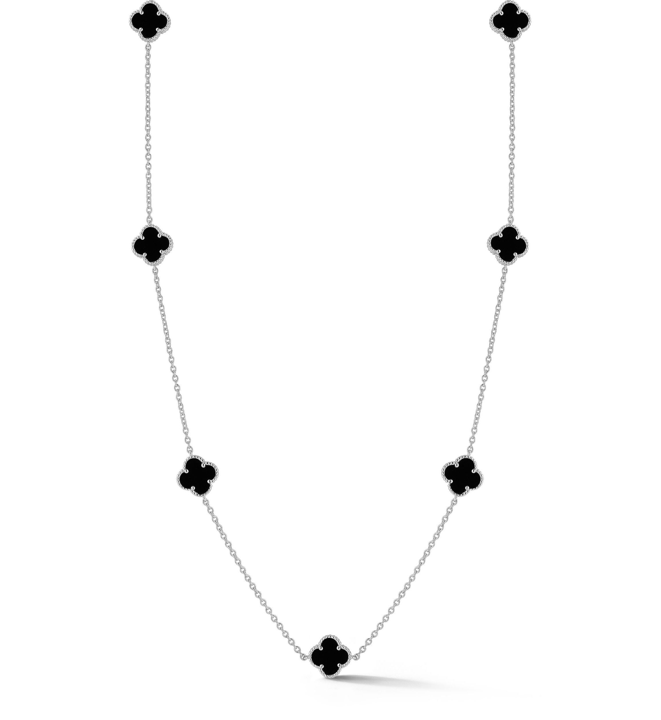 Sterling Silver Black Agate Clover Station Necklace