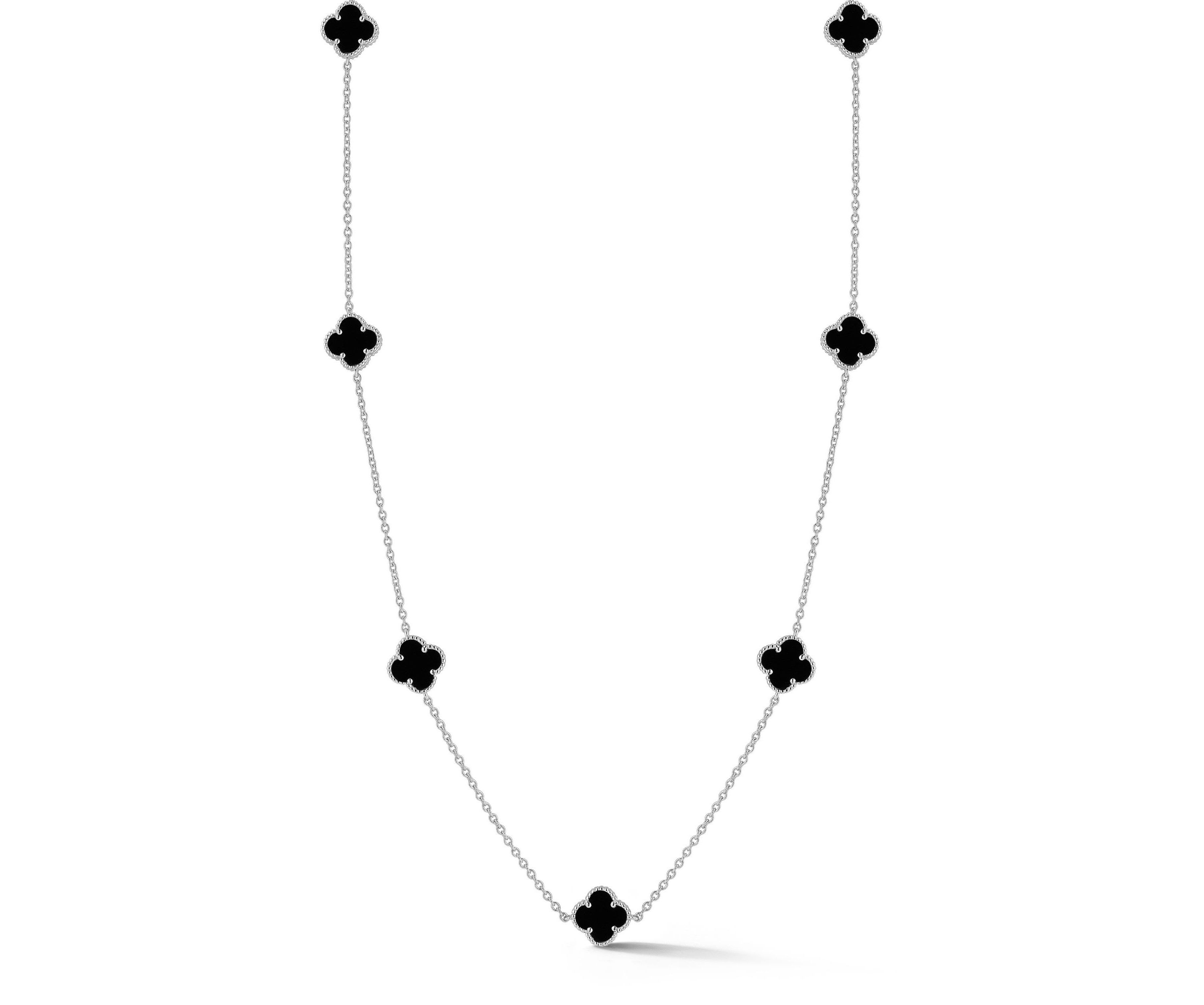 Sterling Silver Black Agate Clover Station Necklace
