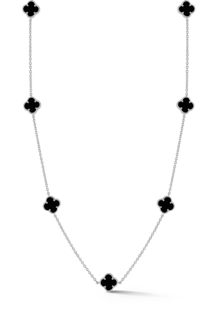 Sterling Silver Black Agate Clover Station Necklace