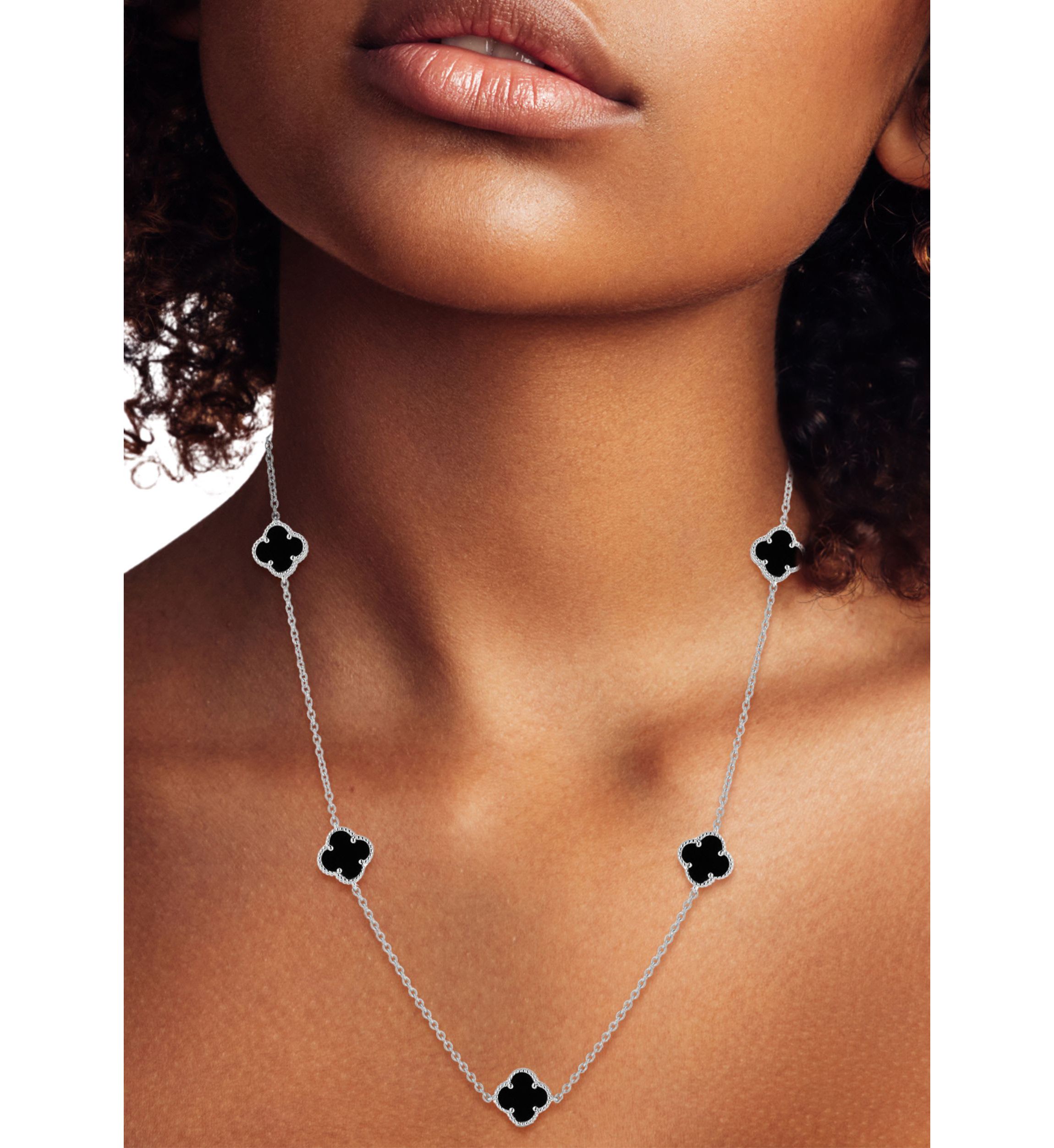 Sterling Silver Black Agate Clover Station Necklace
