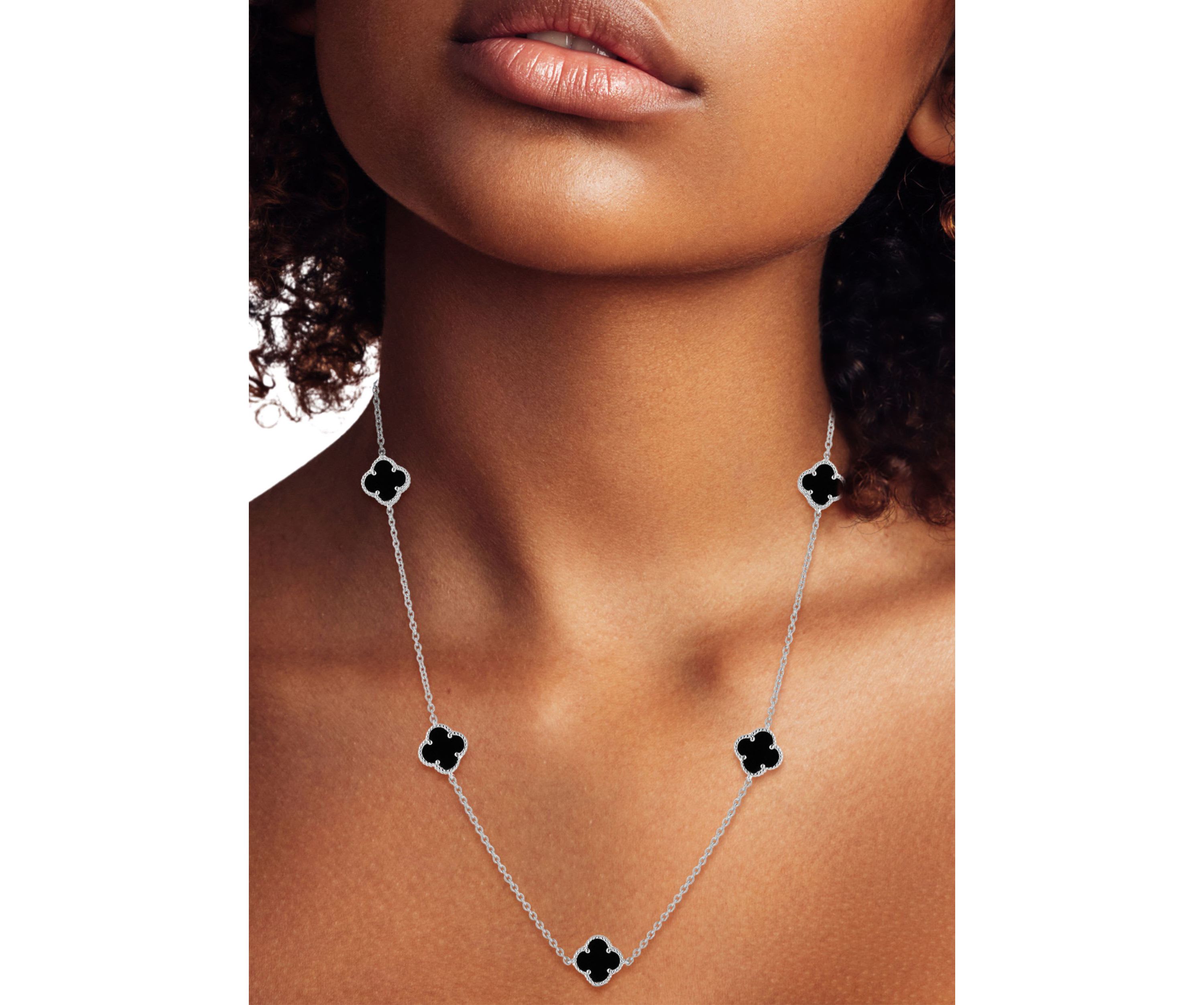 Sterling Silver Black Agate Clover Station Necklace