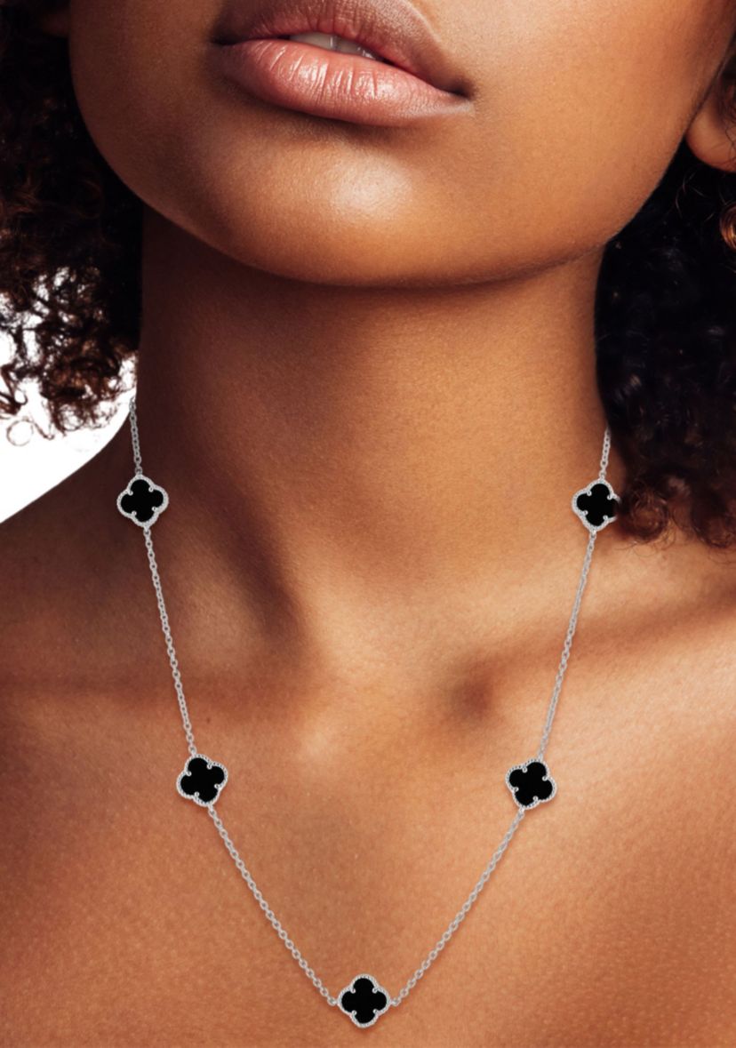 Sterling Silver Black Agate Clover Station Necklace