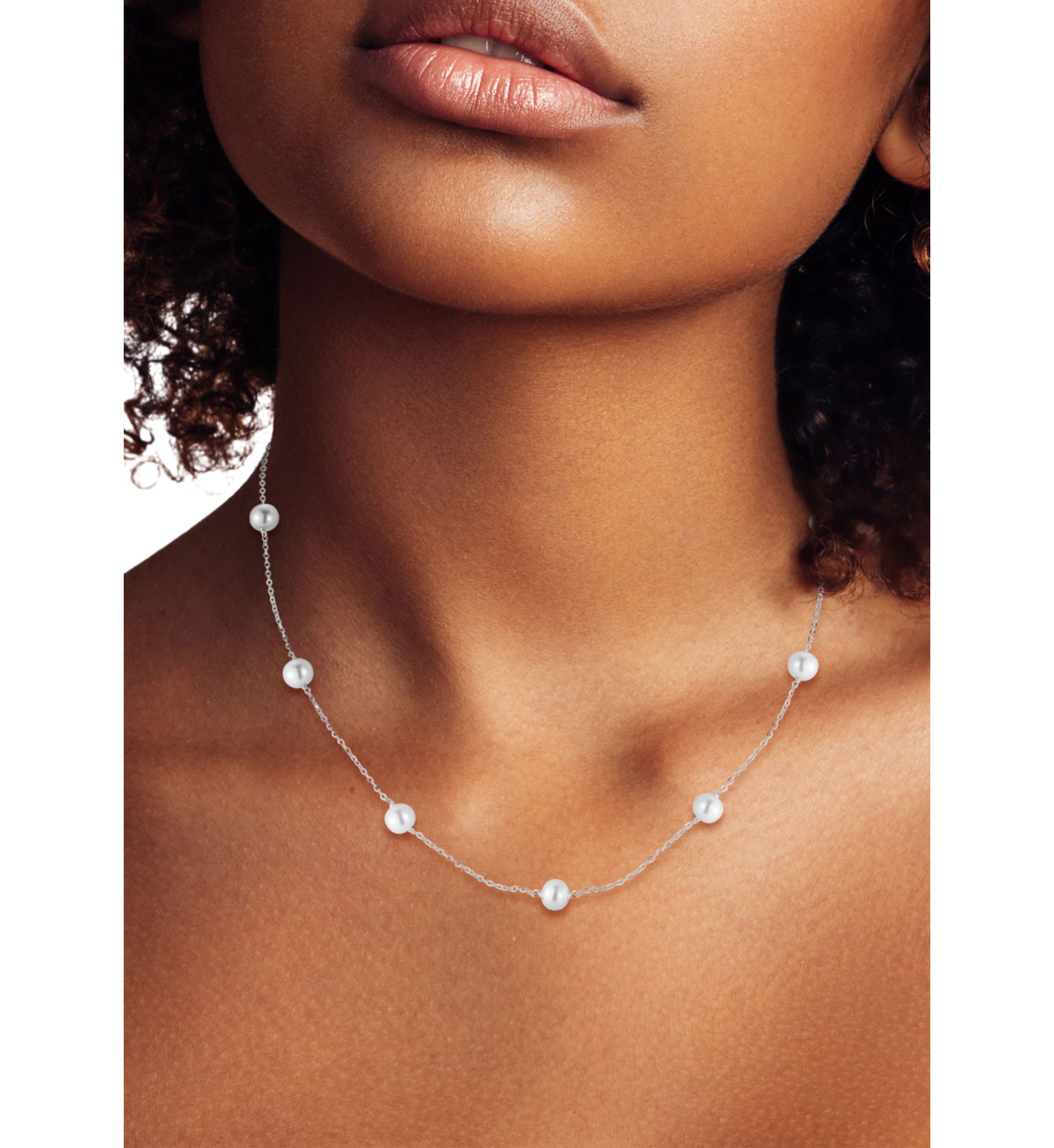 Sterling Silver 6mm Pearl Station Necklace