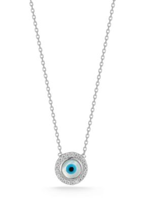 Sphera Milano Sterling Silver Dainty Mother of Pearl Evil Eye Pendant Necklace, 18 in