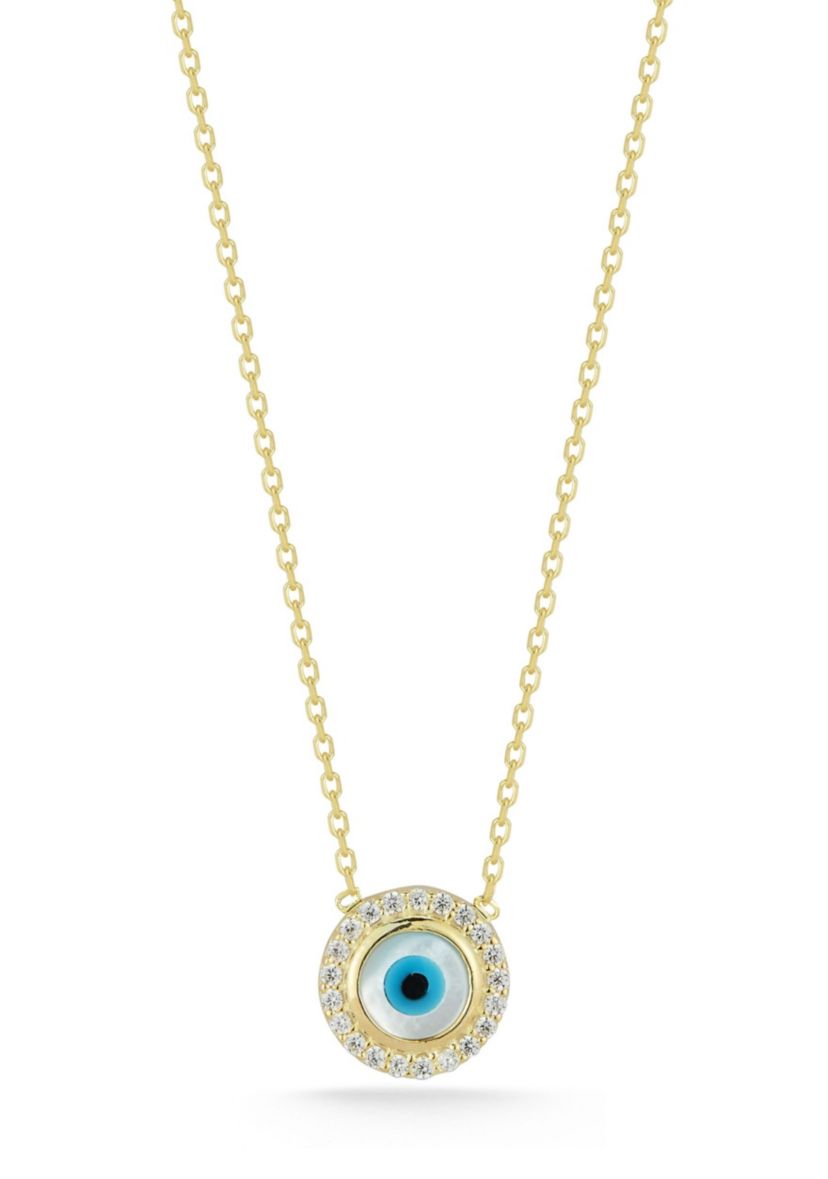 Sterling Silver Dainty Mother of Pearl Evil Eye Pendant Necklace