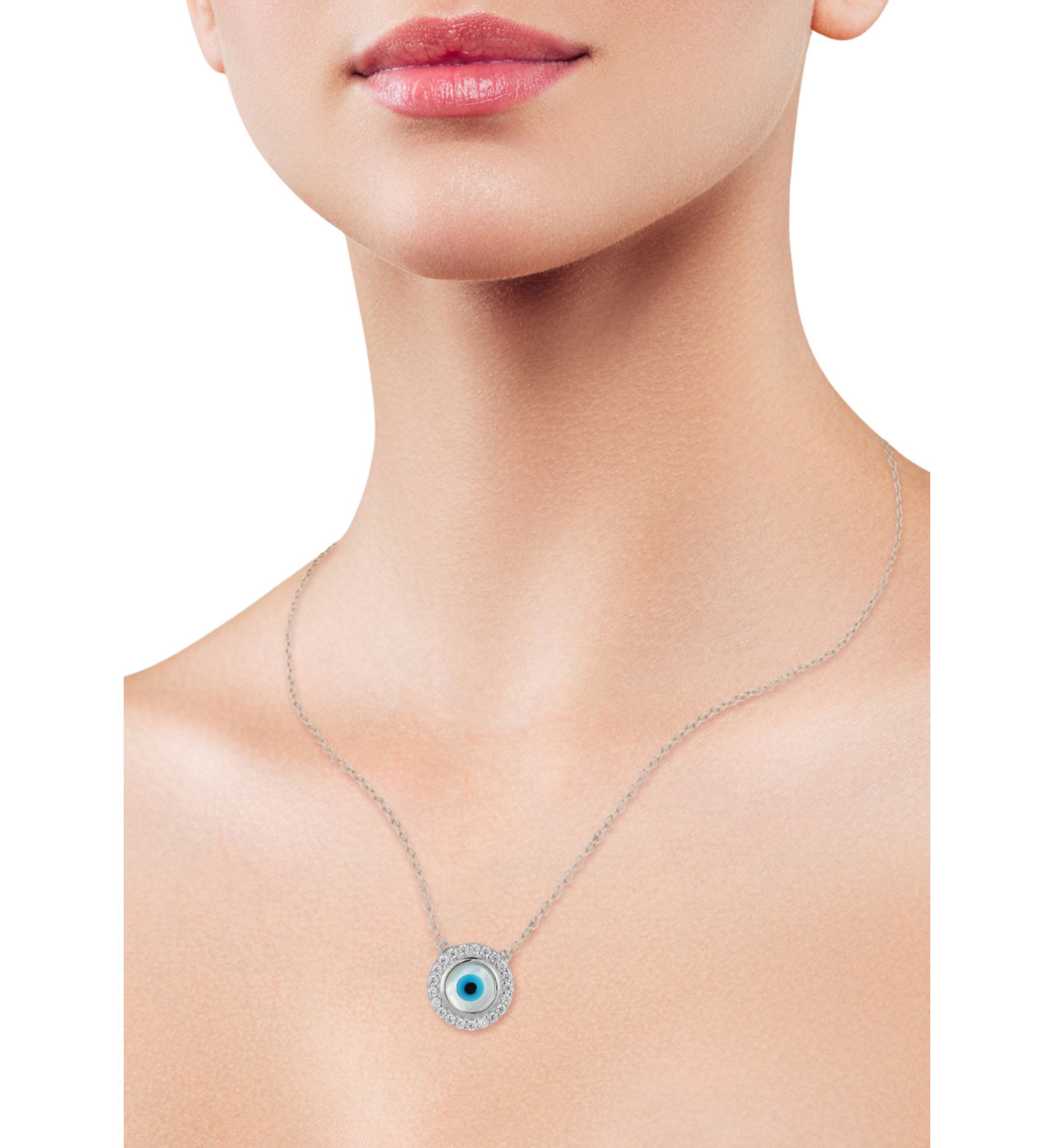 Sterling Silver Dainty Mother of Pearl Evil Eye Pendant Necklace