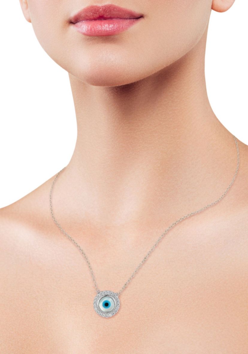 Sterling Silver Dainty Mother of Pearl Evil Eye Pendant Necklace