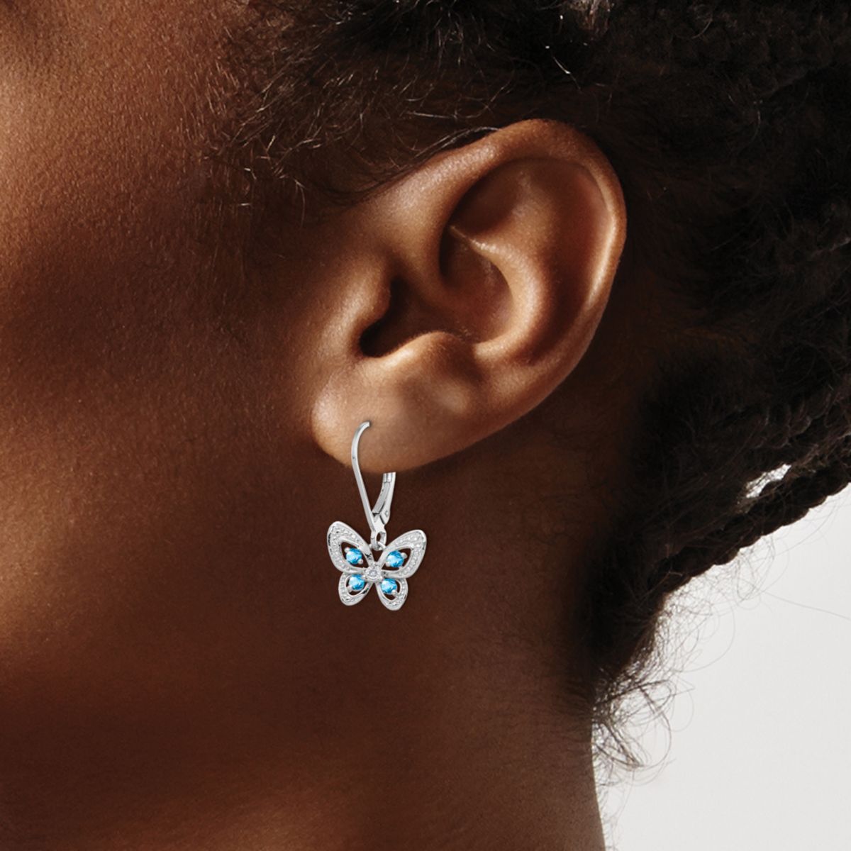 1/3 ct. t.w. Blue Topaz and Diamond Accent Butterfly Earrings in Rhodium-plated Sterling Silver