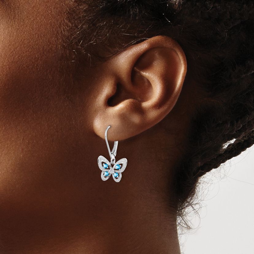 1/3 ct. t.w. Blue Topaz and Diamond Accent Butterfly Earrings in Rhodium-plated Sterling Silver