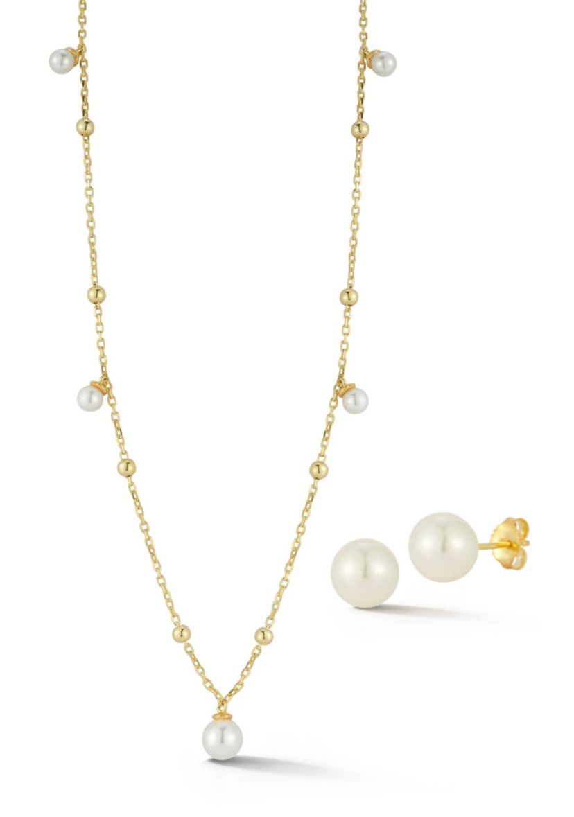 Sterling Silver Pearl Charm Necklace and Studs Set